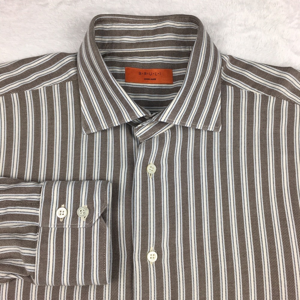 BRULI Dress Shirt Mens 17.5 (44) Brown w/Ivory Stripes Long Sleeves Swiss Made